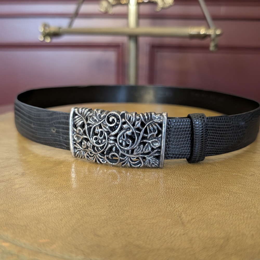 Carlisle Vintage Black Belt with Ornate Silver Floral Buckle Western MiUSA